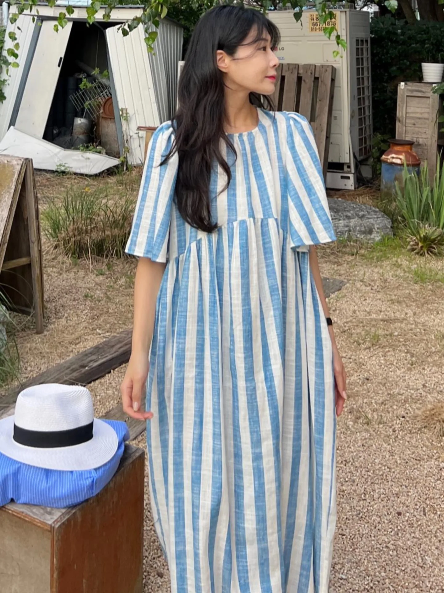 

Summer Chic Lazy Sle round Ne Color Blo Striped Design Loose Midi Dr Women's ort Sve Dr Sweet Sle