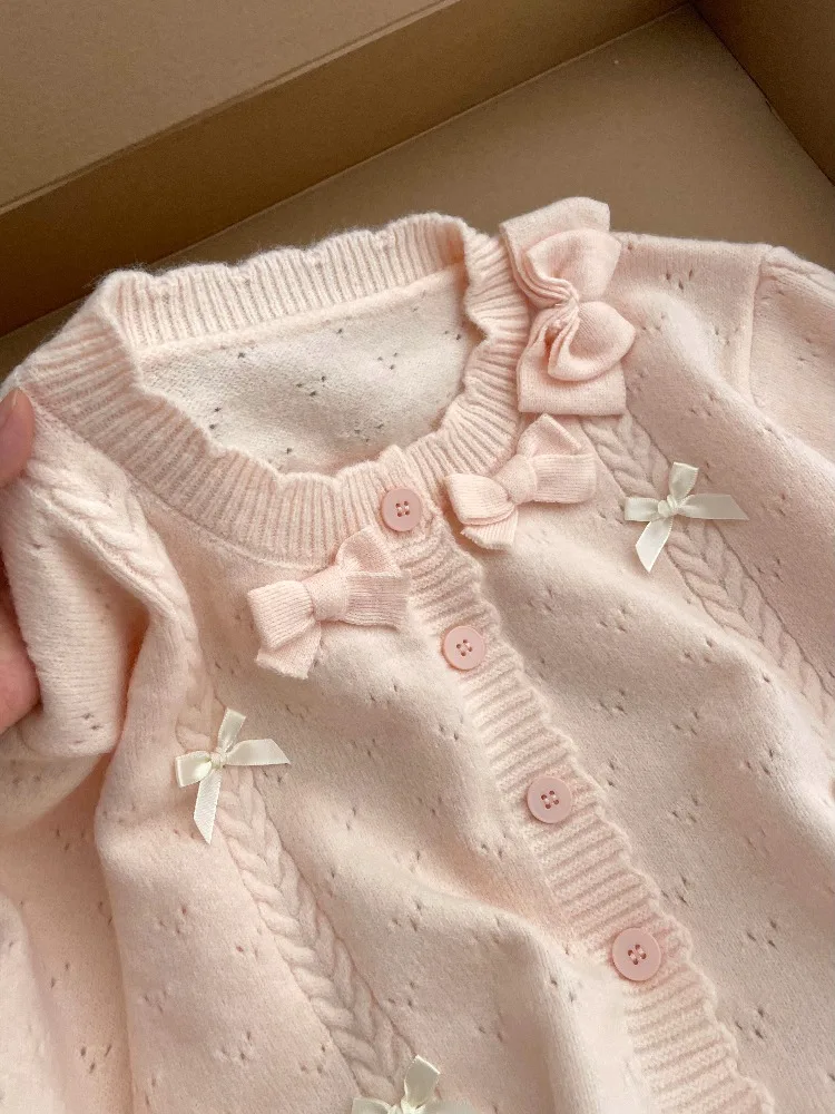 Kimutomo Knitted Cardigan Women Sweet Bow Preppy Style Outwear Vintage Fashion Single Breasted Sweater Female Casual Tops
