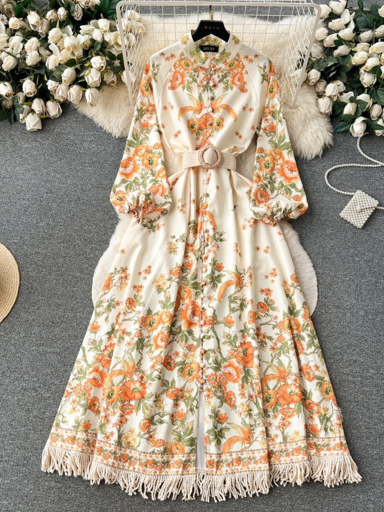 

Palace Style Vintage Printed Dress Women Spring Autumn Long Bubble Sleeve Floral Formal Dresses Ladies Elegant Party Long Robe