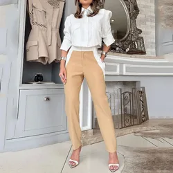 LIYONG Women Two Piece Set Summer Fashion Office Solid Lapel Patchwork Long Sleeve Top Casual With Pockets Pants Sets Streetwear