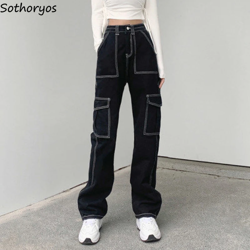 

Cargo Jeans Women Pockets All-match Cool Special New Gentle Basics European Style Young Students Simple Daily Spring Seductive