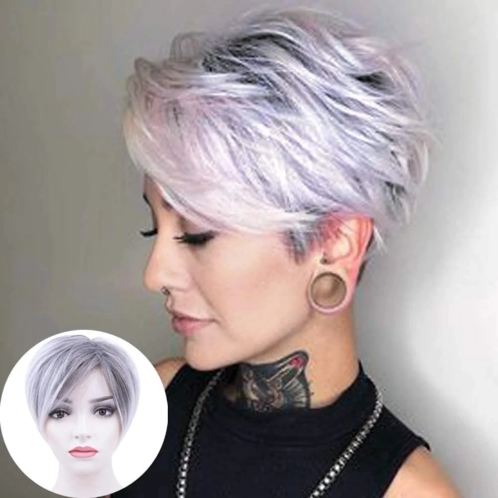 Perruque Courte avec Frange pour Garçon, Cheveux Lisses, Gris Argenté, Blond, Coupe Pixie, Degré de Chaleur