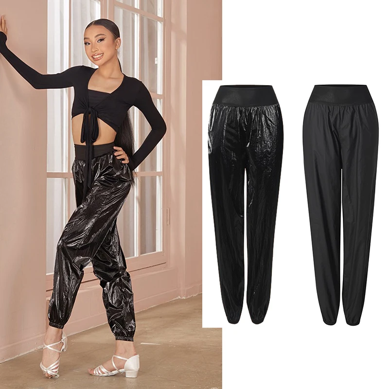 

2025 Girls Latin Dance Pants ZYM Glossy Black High Waist Trousers Kids Cha Cha Rumba Dance Practice Training Clothes DNV25636