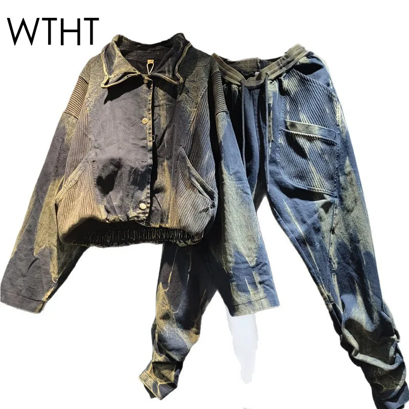 

WTHT Vintage Trendy Women's Wash Do Old Knit Spliced Long Sleeves Denim Jacket High Waist Harem Pants Female 2025 Autumn 1LS2570