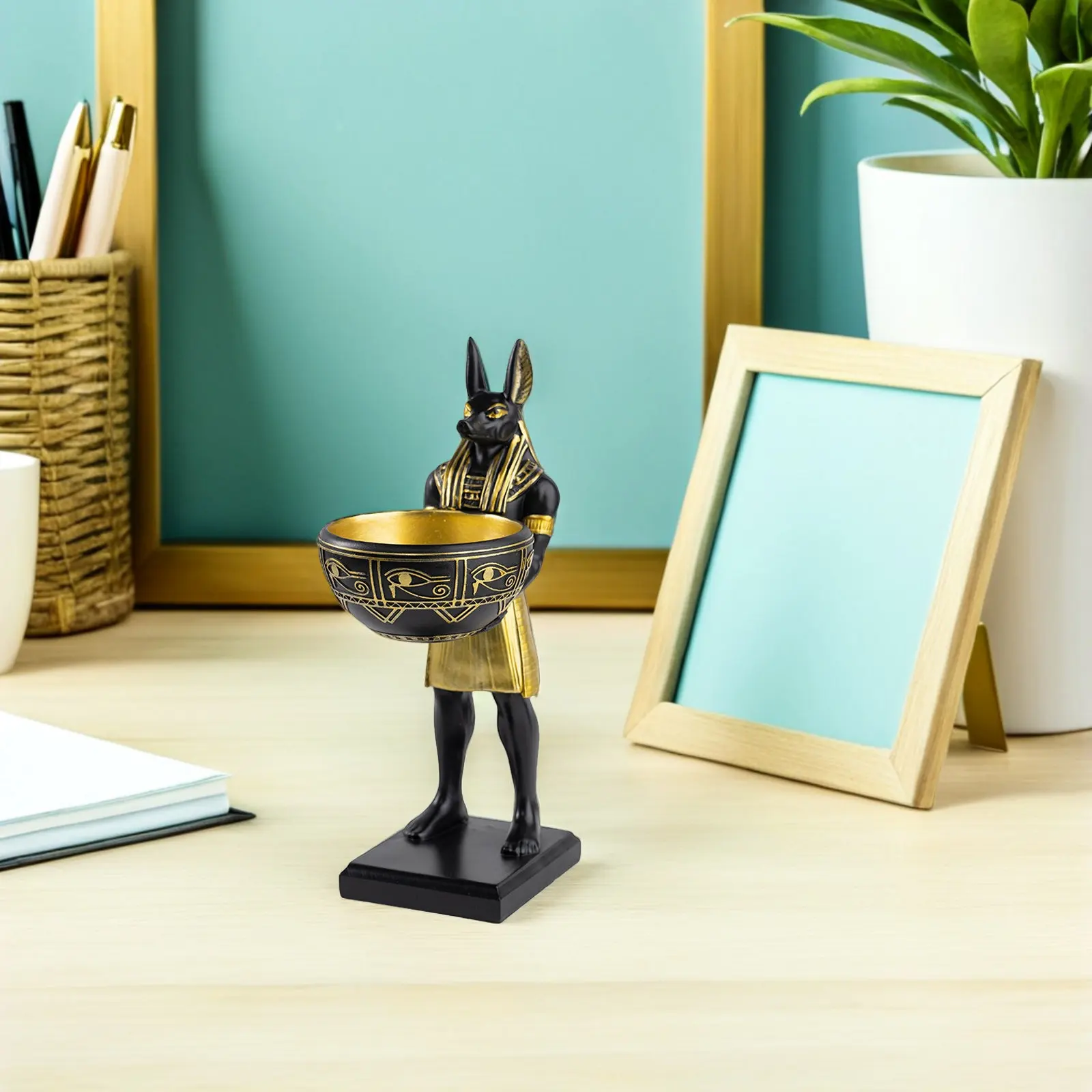 Egyptian Anubis Statue Resin Decorative Catchall Tray Desk Organizer Jewelry Ring Key Holder Entryway Candy Dish