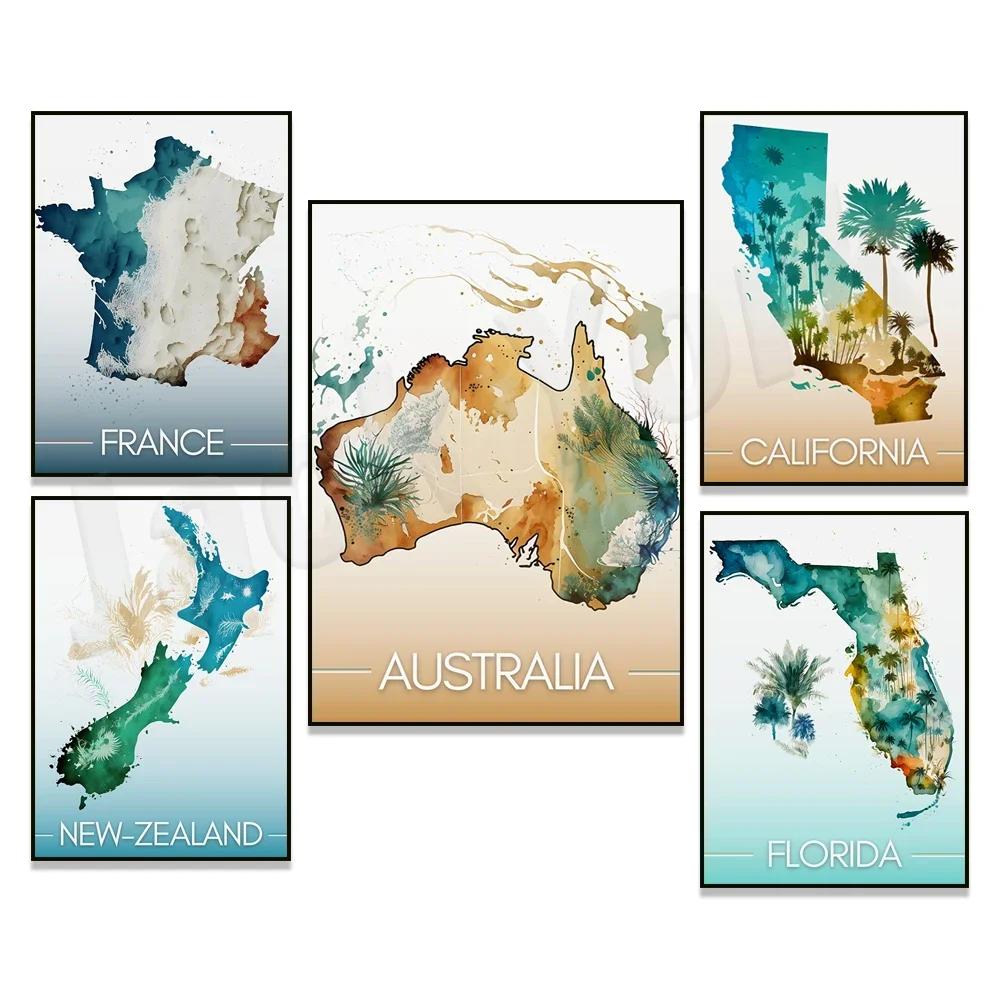 Florida, New Zealand, California, Australia, France Map Poster Travel Poster Canvas Painting Print Wall Picture Living Room Deco