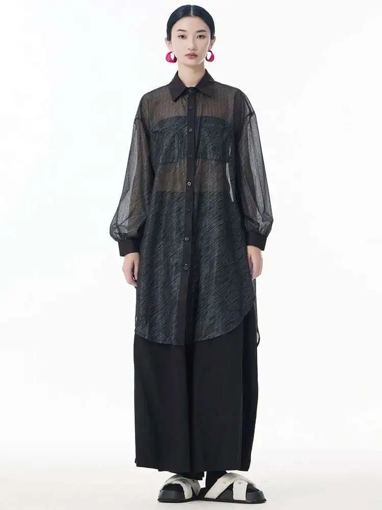 Women Black Thin Perspective Pocket Big Size Blouse New Lapel Long Sleeve Shirt Fashion Tide Spring Autumn
