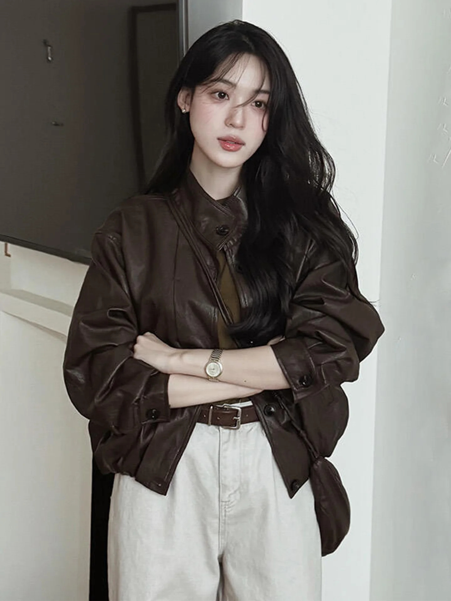 

Retro American Cool Leather Jaet Women's Autumn Winter New Sle Motorcycle ort Sve Long Women's Faion Sensation