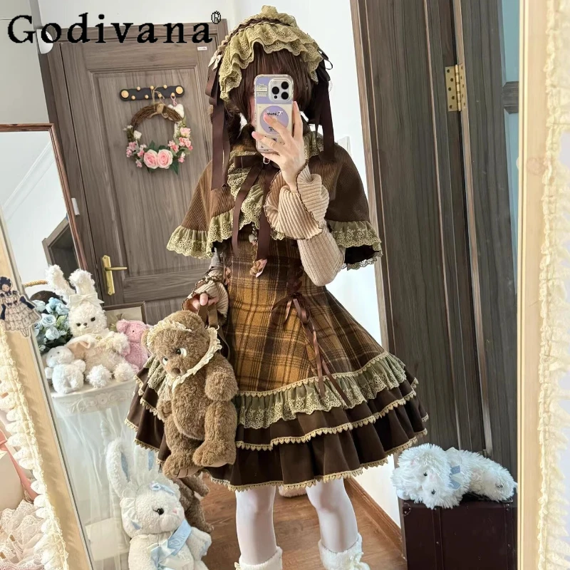 

Cute Girls Sweet Lolita Dress for Women Inner Shirt Bowknot Cape and Dress Set Female Japanese Style Lolita Dress Suits