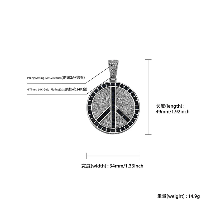 Hip Hop Micro Paved 3A+ Cubic Zirconia Bling Iced Out Peace Sign Round Pendants Necklaces for Men Rapper Jewelry