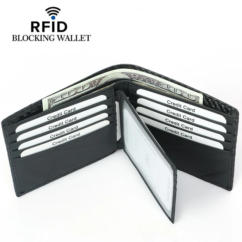 Men's Wallet Carbon Fiber Bifold Pattern RFID Wallet Spliced Multiple Card Positions Large Capacity Fashionable Short Wallet