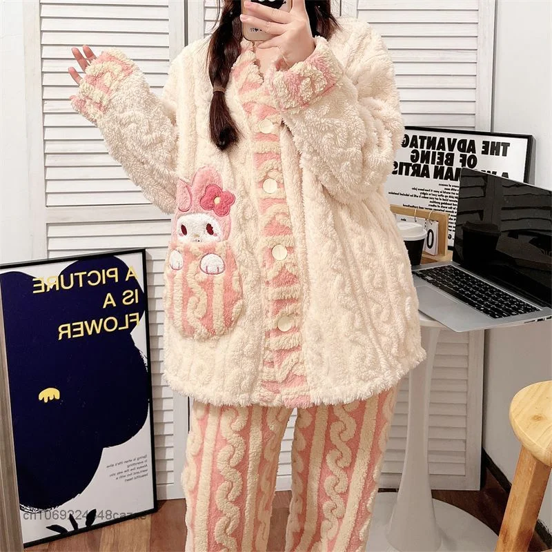 Sanrio Melocdy New Plush Home Clothes Y2k Sleepwear Cardigan Top Trousers 2 Piece Set Women Sweet Warm Coral Fleece Pajamas Suit