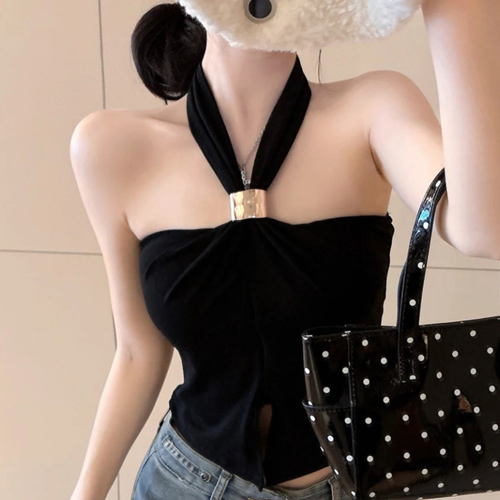Modern Women's Halter Neck Top with Pleated Accents and Built-in Bra Support Lightweight Polyester Fabric for Everyday Comfort
