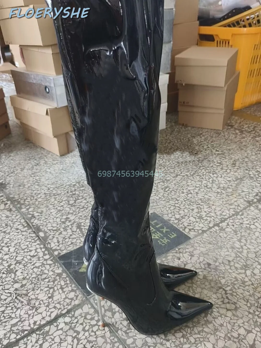 Sexy Solid Boots Patent Leather Metal Thin Heel Zipper Over-the-Knee Night Club 2024 Fashion Black Red Pointed Toe Winter Women