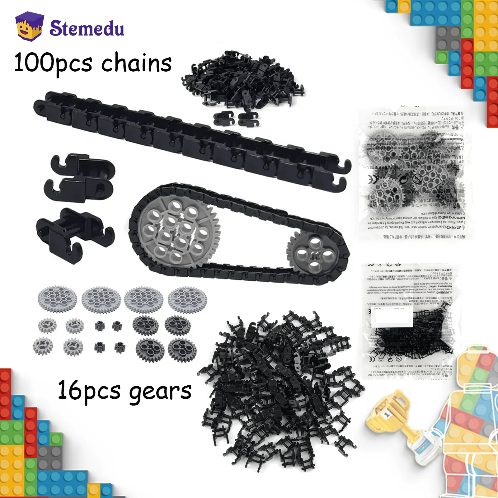 100pcs Technical Gear Set Link Chain Bricks Gears Set Parts 3711 14696 10928 94925 3648 3649 for MOC Building Blocks Train Toys