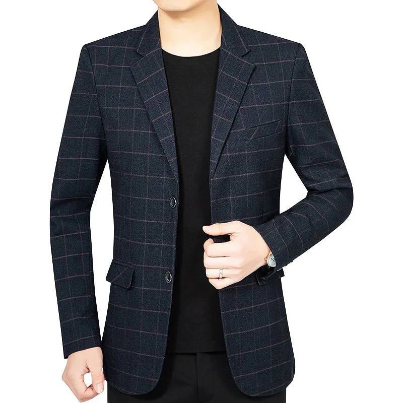 

Man Blazer Autumn Fashion Plaid Slim Business Casual Male Outerwear Turn Down Collar Long Sleeve Non-ironing Men Suit Coat