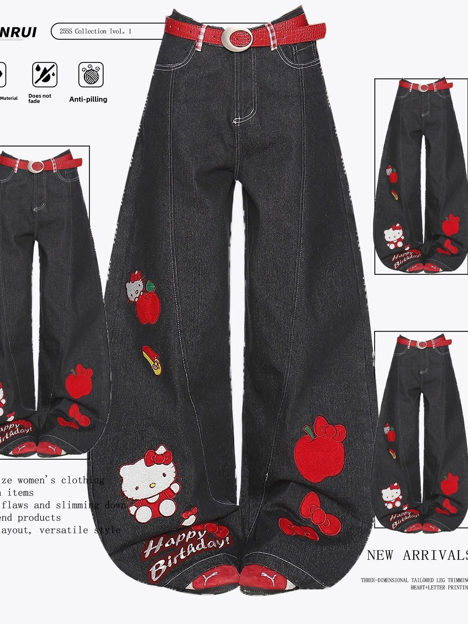 

plus Size American Retro KT Embroidered Denim Pants Women's Spring Autumn Loose Wide Leg Pants Casual Wear for plus Size