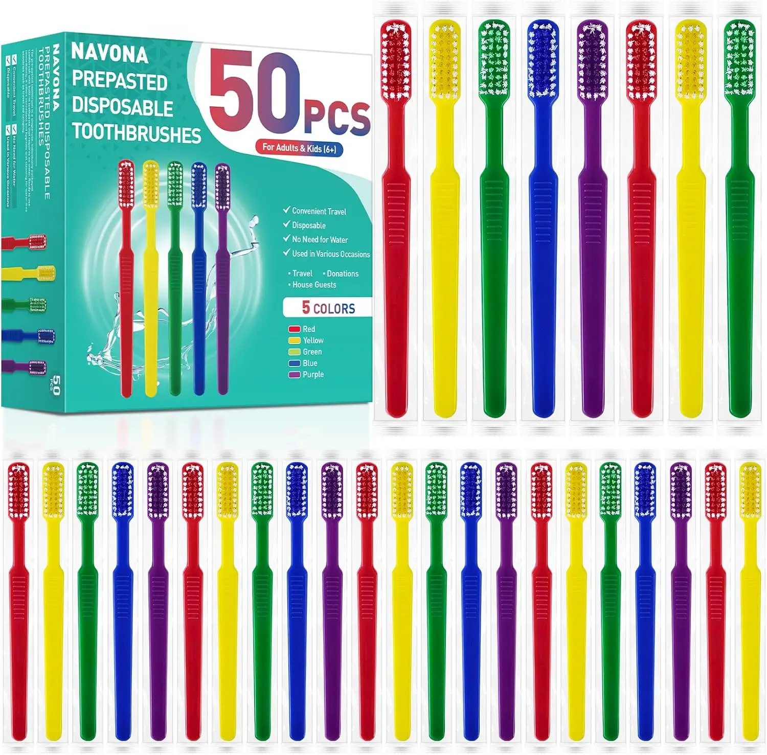 

50 PCS Prepasted Disposable Toothbrushes with Toothpaste, Premium Bulk Toothbrushes Individually Wrapped, Single Use Bulk Toothb