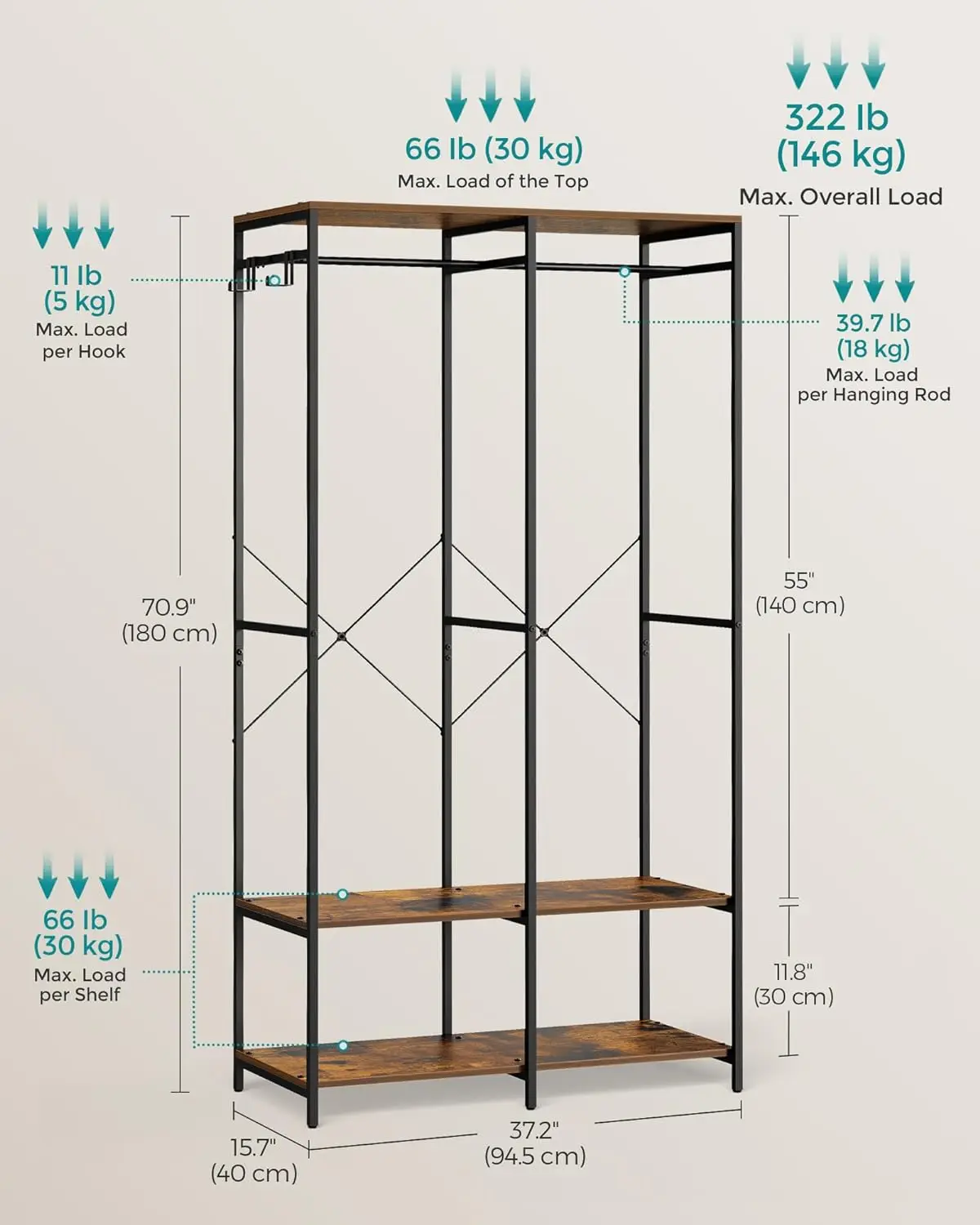 

Clothes Rack, Iron and Wood Wardrobe Closet Organizer, Heavy Duty Garment Rack with Hanging Rods, Closet Shelves,