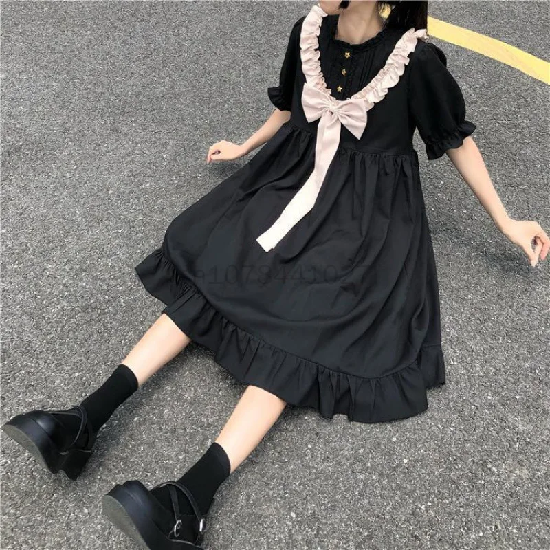 Vestido de estilo japonés Kawaii para niña, vestido de Lolita de estilo Preppy, Mangas de burbuja dulce, vestido Lolita de calle