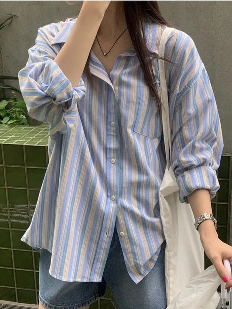 قميص نسائي فضفاض بأكمام طويلة وتصميم مخطط عتيق، ملابس خارجية كاجوال للربيع والخريف بياقة بولو، مريح وقابل للتنفس