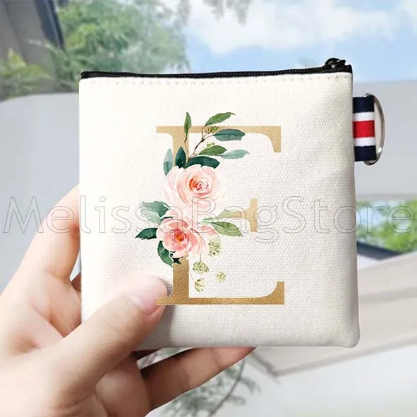 花のイニシャル文字 A～Z 花柄モノグラム ゴールド文字 キャンバス コインパースバッグ 小型スクエアキー収納カードバッグ ウォレットポーチ