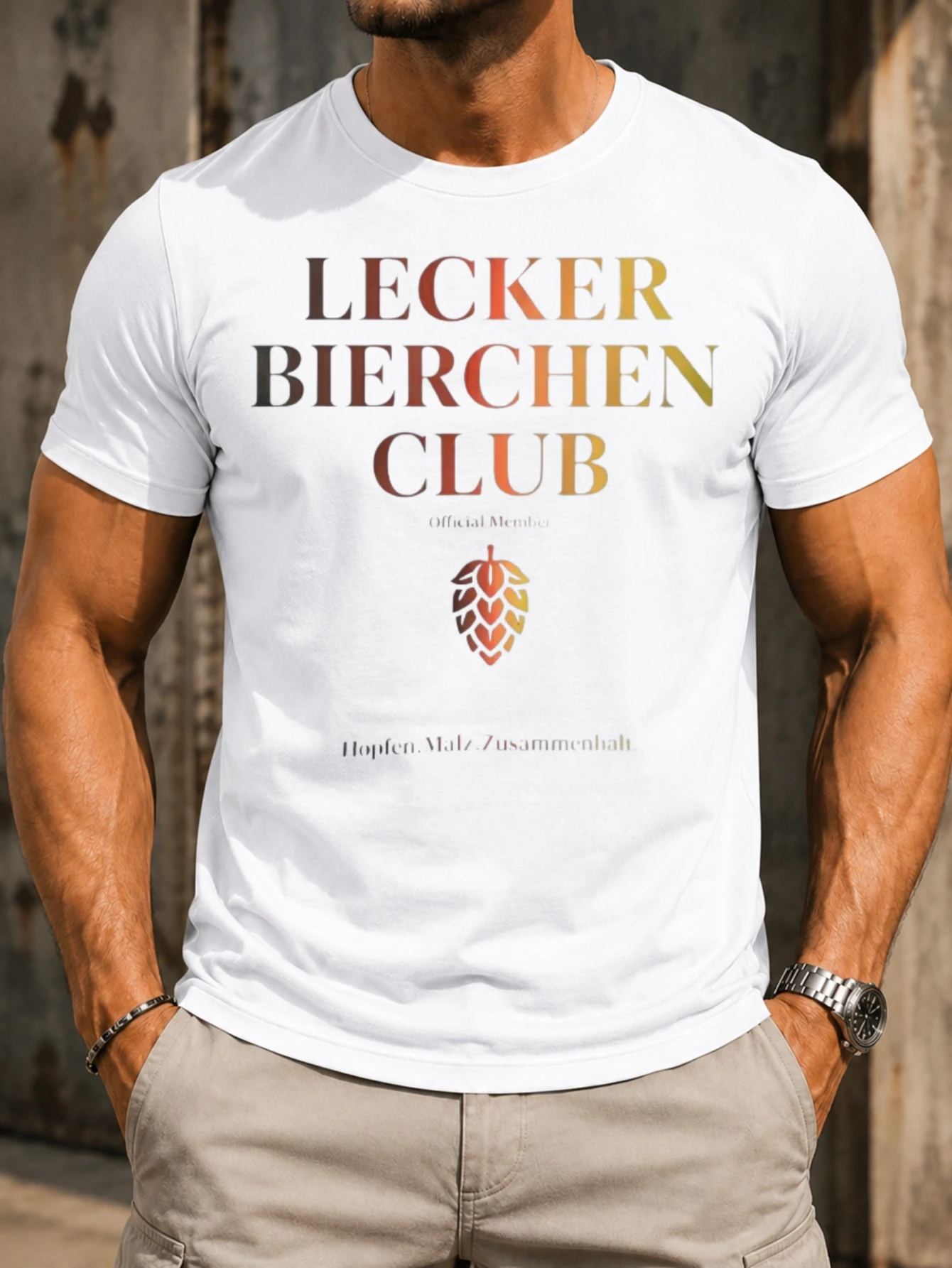 Lecker Bierchen Club Official Member  faded gradient serif letters hop cone icon German beer theme  Unisex All T-Shirt
