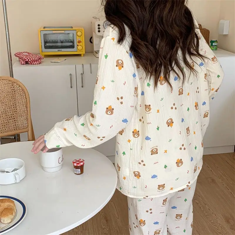 Bear Gauze Pajamas Spring and Autumn Long-sleeved Trousers Sleepwear Cartoon Printing Japanese Homewear Suit Women\'s Pajamas