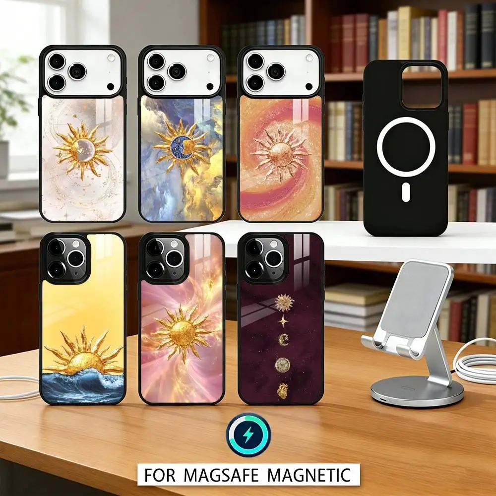 

Gilded Sun and Moon Phone Case Magnetic For iPhone17 16 15 14 13 12 Pro Max For Magsafe Wireless Charging Cover