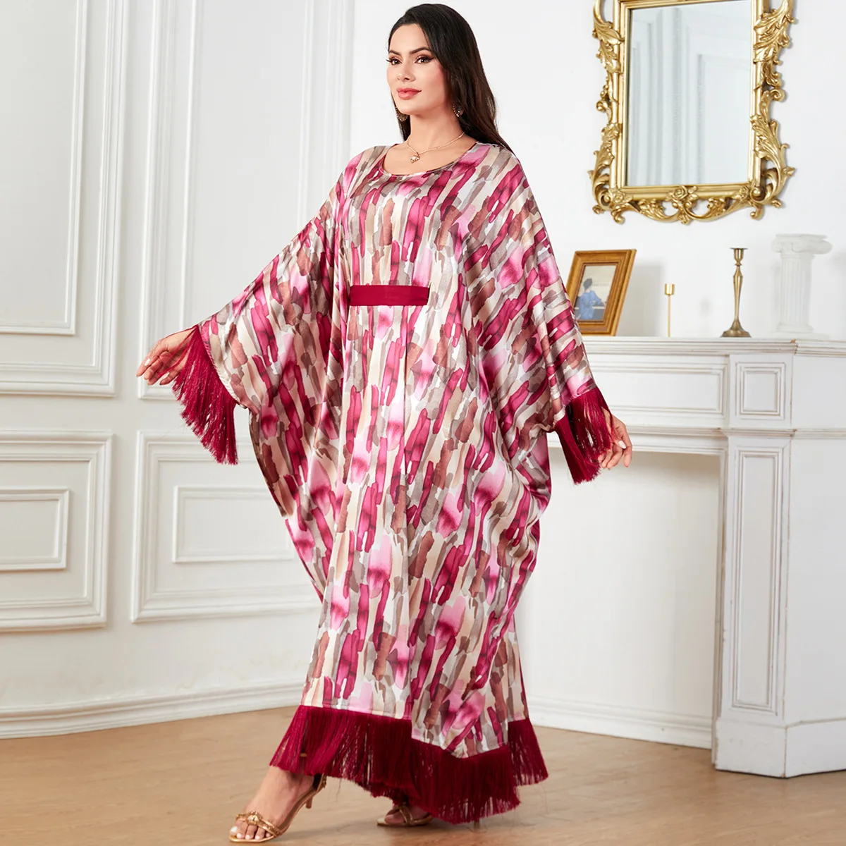 

Print Bat Sleeve Oversized Gown Dresses Tassel Patchwork Belted Banquet Kaftan Turkey Muslim Abaya Women Dress Casual Maxi Robe