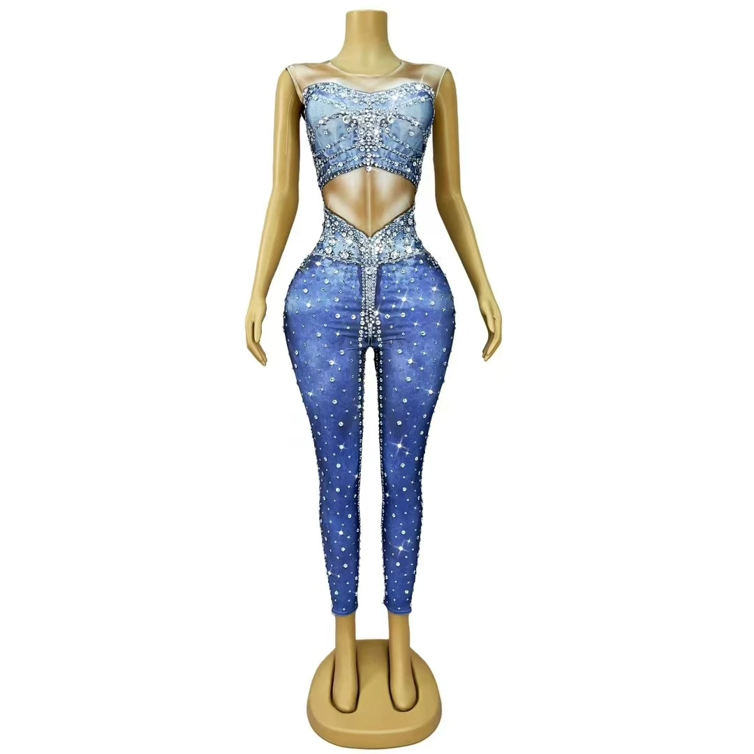 ジーンズ柄プリントノースリーブジャンプスーツナイトクラブ歌手ステージパフォーマンス服クリスタルレオタードハロウィンコスプレ衣装