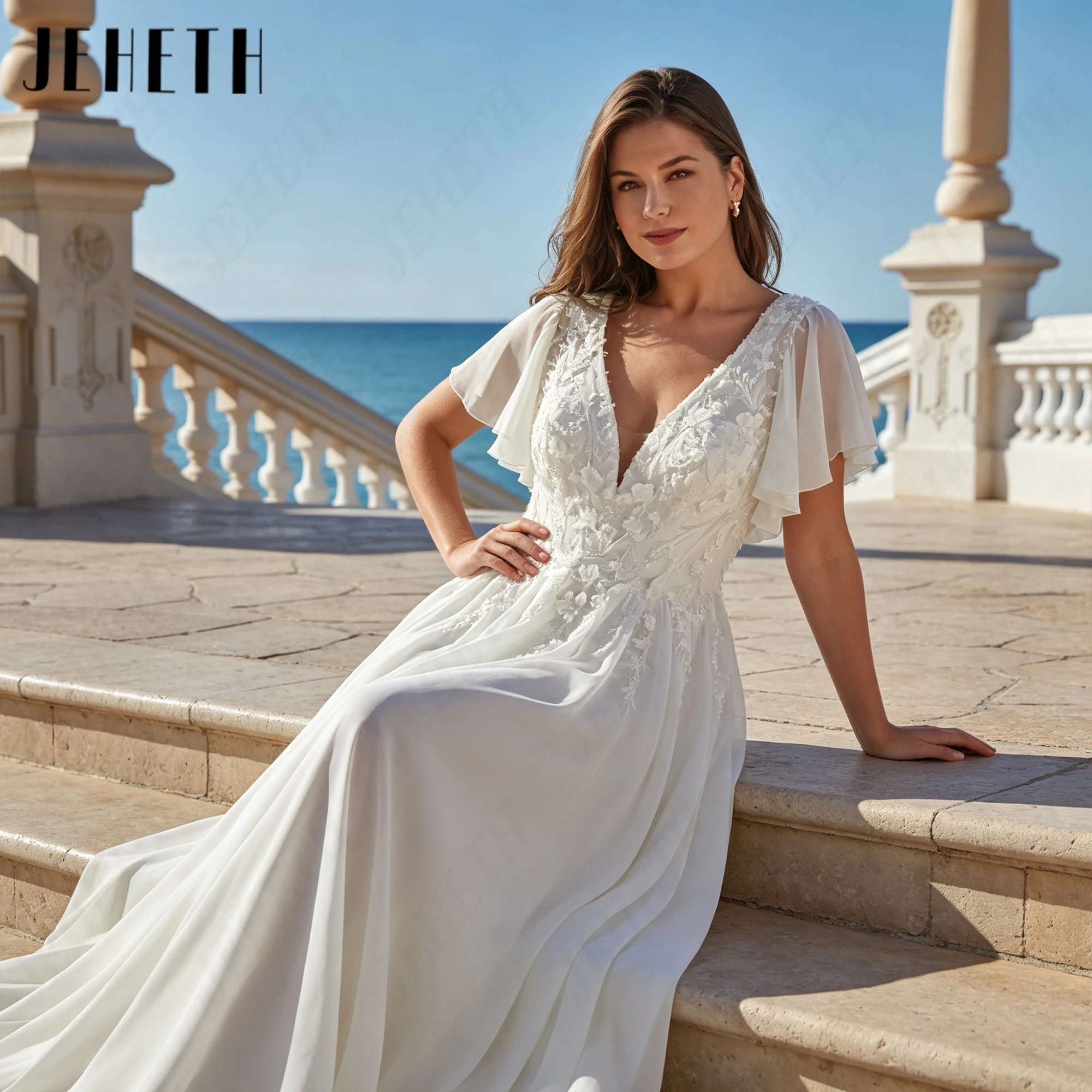 JEHETH Short Sleeves Lace Appliques V Neckline Wedding Dresses Backless Personalized Bridal Gown Sweep Train Plus Size Bride