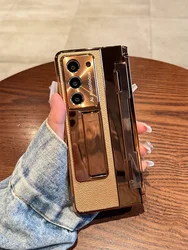 Plating Leather Stand  Protection CoverFor Samsung Galaxy Z Fold 7 6 5 4 3 5G Case One-Piece Hinge Protective Glass Film