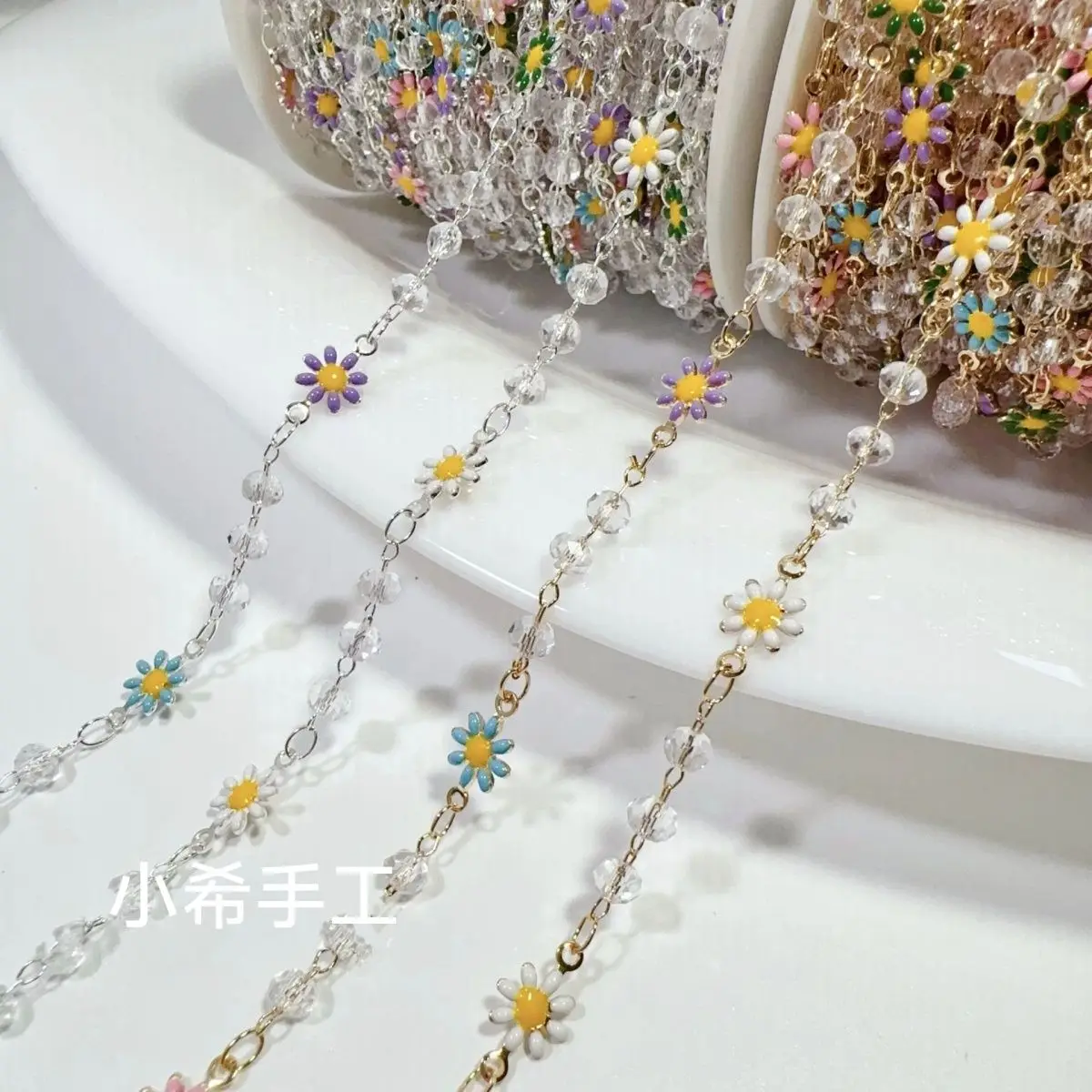 Daisy Flower Chain Copper Enamel with Crystals Colorfast Summer Style for DIY Jewelry Making Supplies