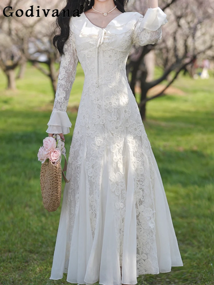 

Spring Autumn Fashion French Unique Birthday Fairy Dress Temperament High Waist Sweet Peter Pan Collar Princess Fishtail Dresses