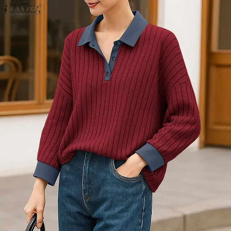 女性エレガントなニットシャツ ZANZEA ラペルカジュアルパッチワークファッショントップス 2026 春長袖 Tシャツブラウスルーズ Blusas プルオーバー