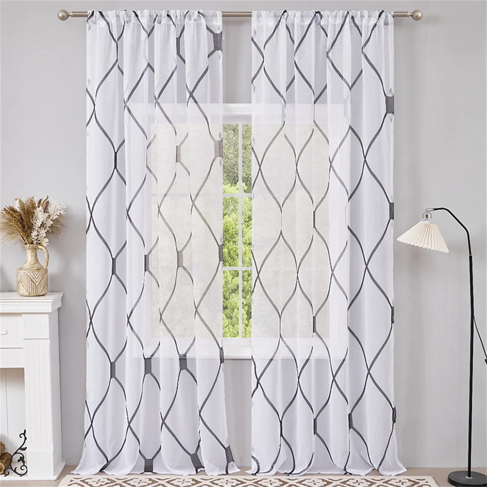 1Set White Small Fresh Grid Sheer Curtains for Living Room Bedroom Window Tulle Curtain Big Size Custom Made