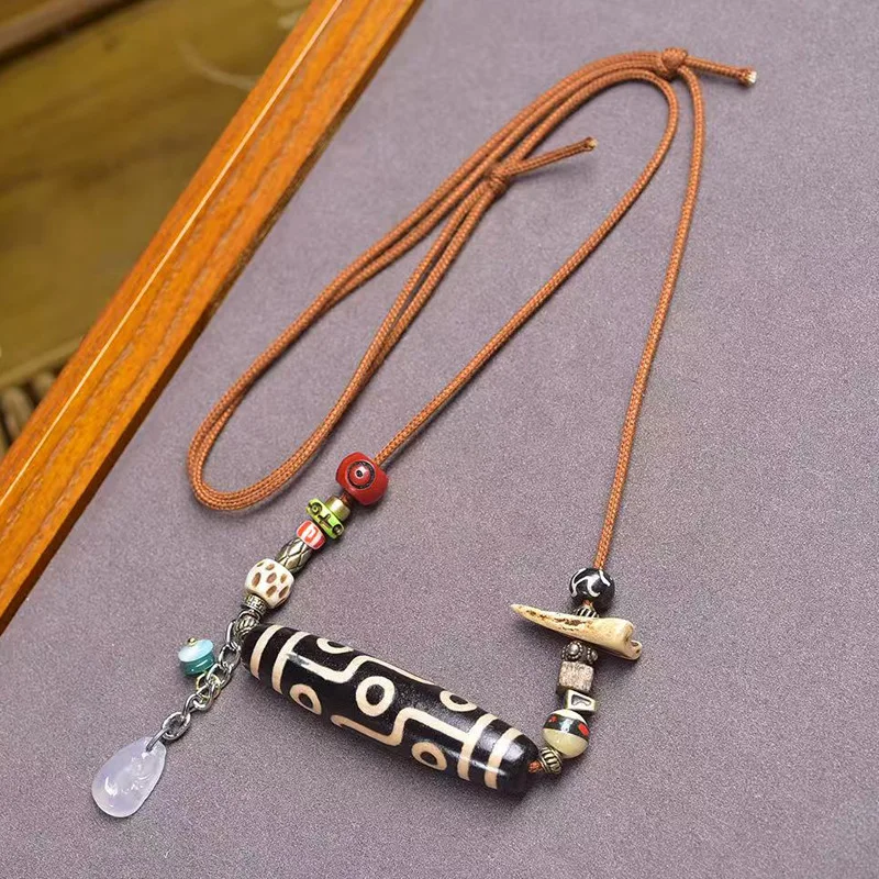 Natural nine-eye dzi bead sweater chain  white agate four-season bean pendant  accessories