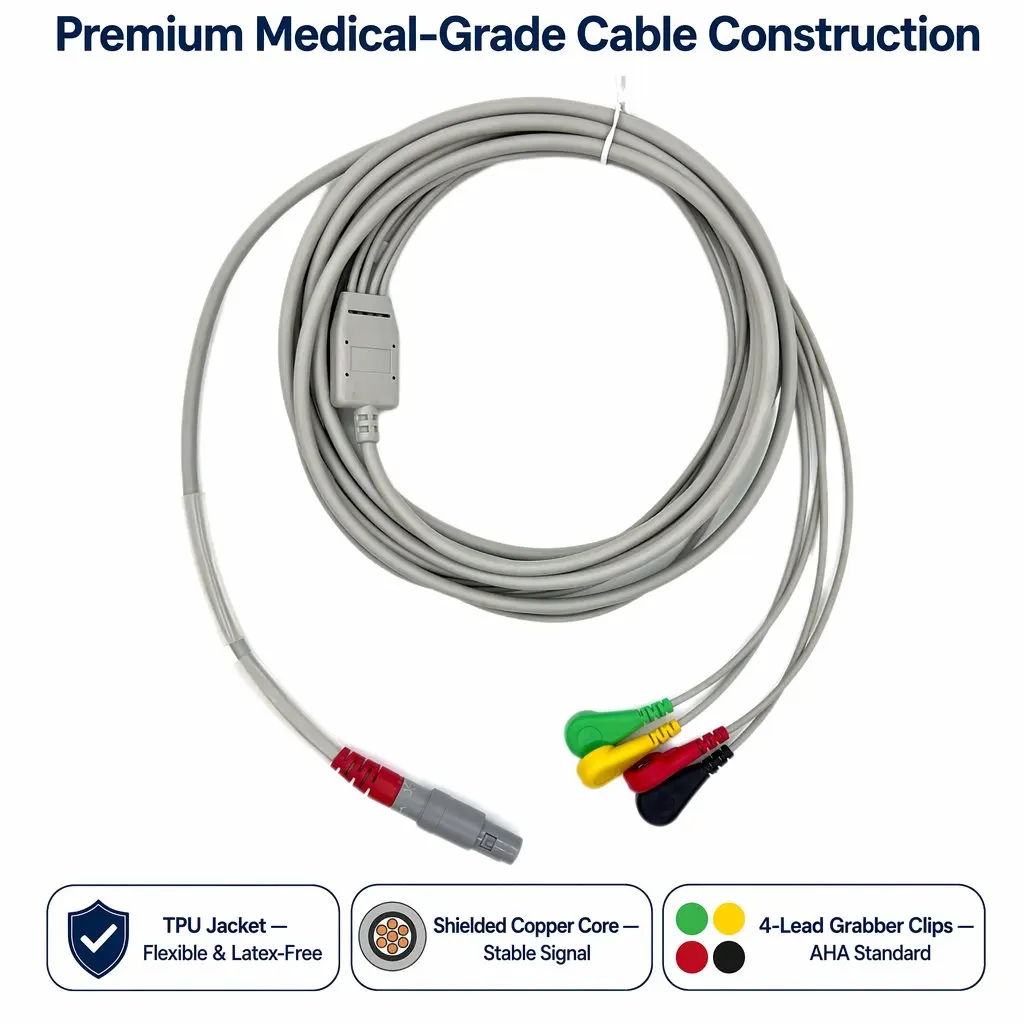 ECG Cable 4-Lead LEMO 5-Pin 1.0m One-Piece - Adult Medical Grade TPU - Model 0011