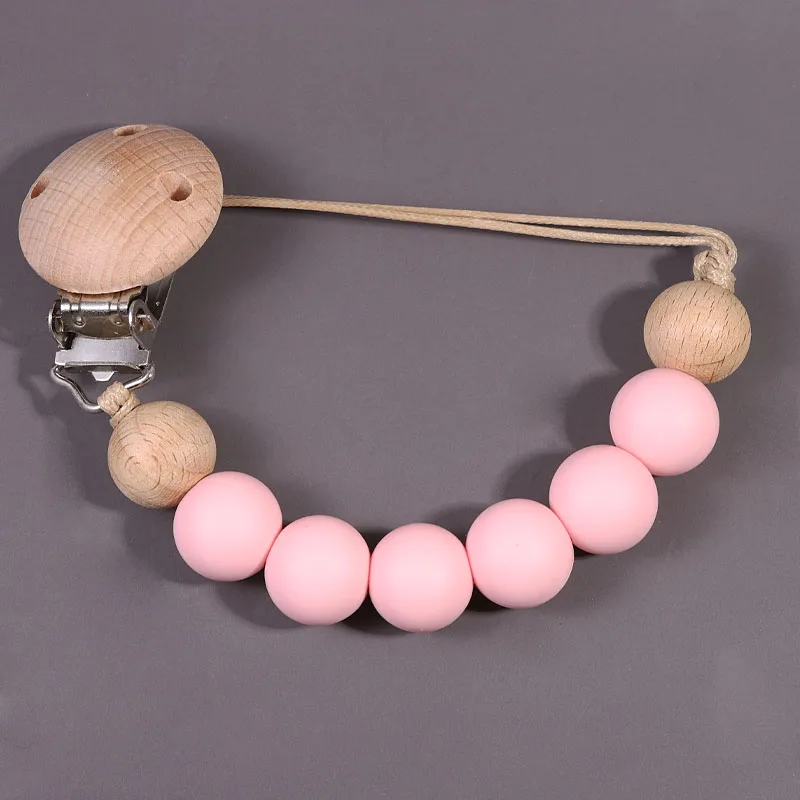 INS Wooden Silicone Baeds Baby Pacifier Chain Clip Anti-fall Pacifier Holder Safe Dummy Nipple Holder Teething Toy for Newborn