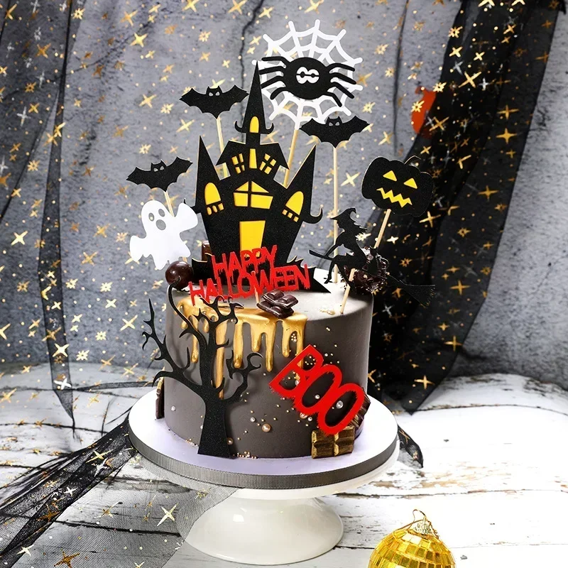 Halloween Cake Toppers DIY Cupcake Topper Castle Ghost Witch Vampire Pumpkin Cake Flags Kids Birthday Wedding Party Baking Decor view 3