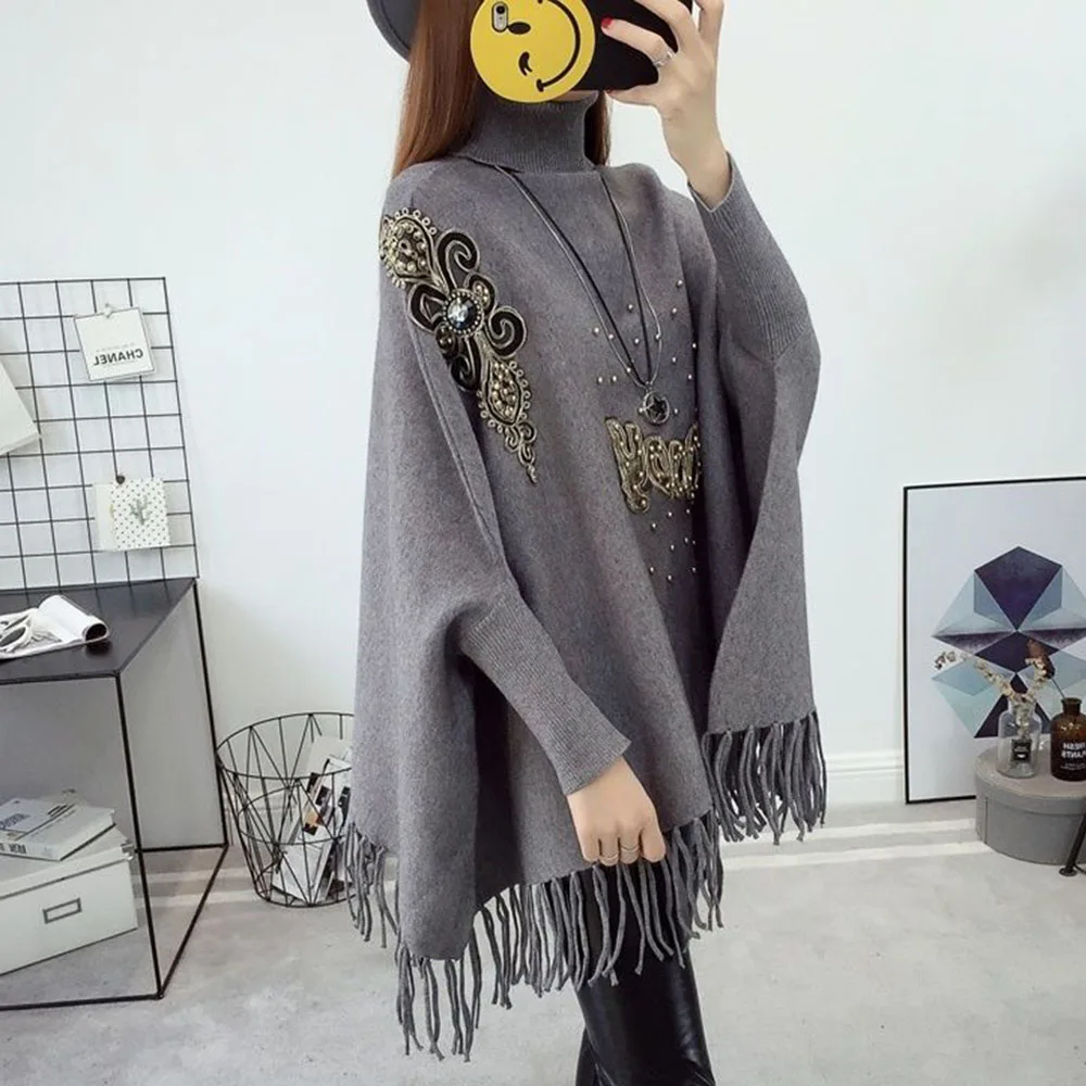 Fashion Turtleneck Women Poncho Spring Winter Jumper Knitted Sweater Cape Warm Pullover Cloak Chic Embroidery Ladies Shawl Tops