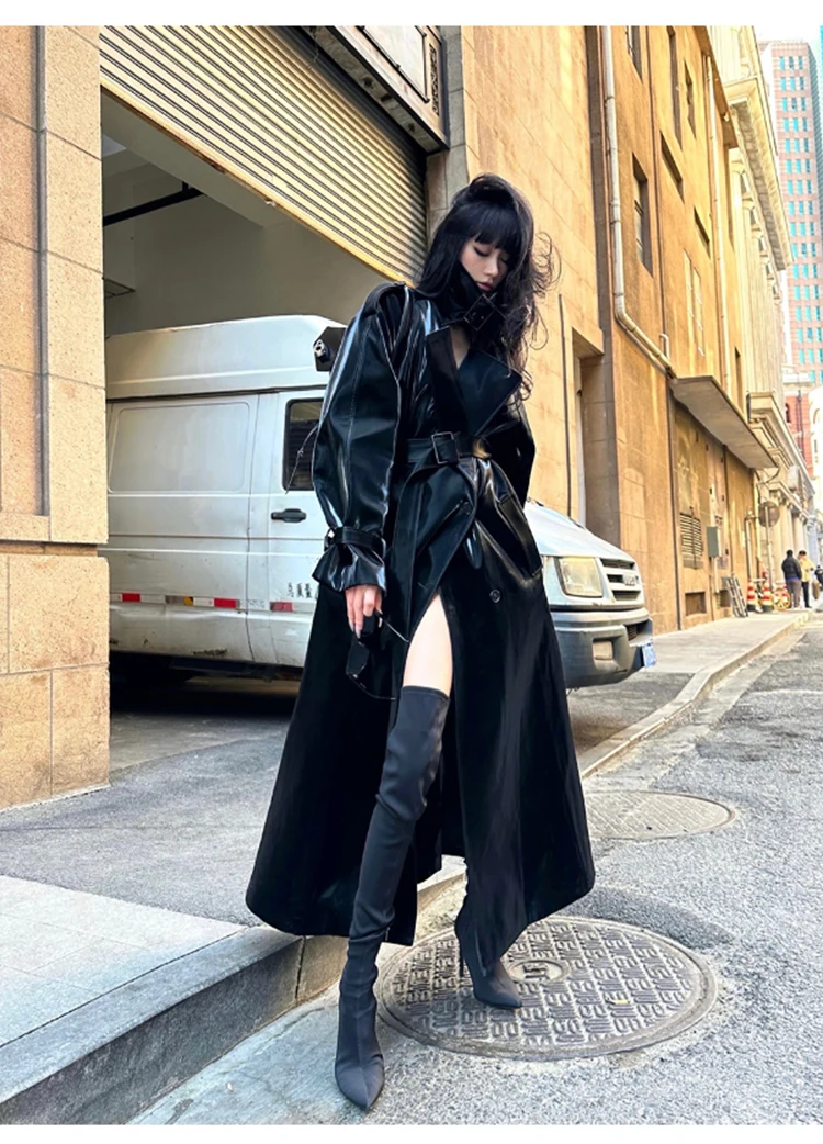 Lautaro Spring Autumn Extra Long Oversized Cool Reflective Shiny Black Patent Leather Trench Coat for Women Belt Runway Fashion