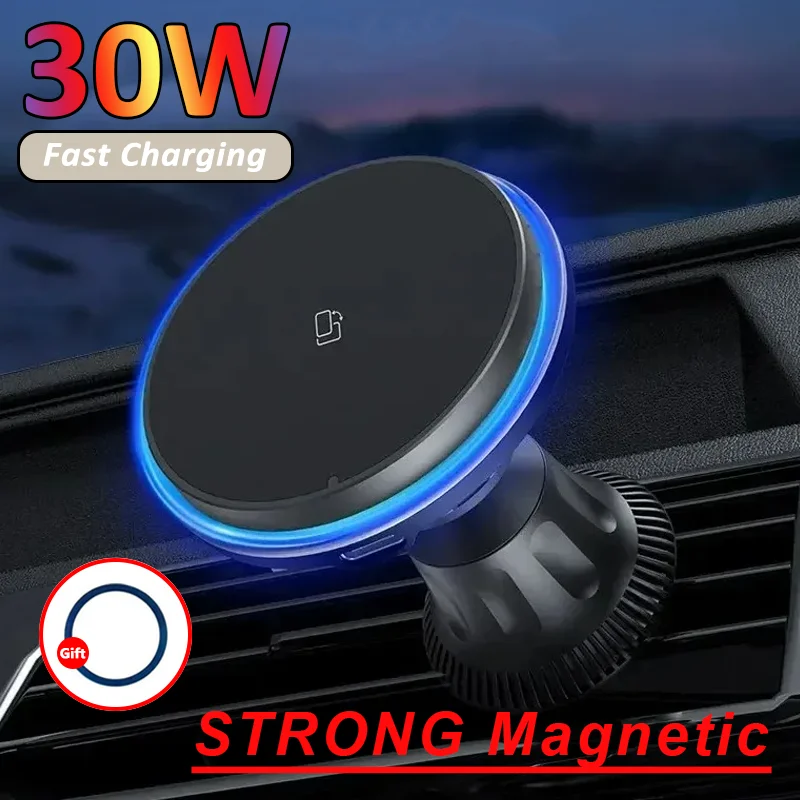 30W RGB Magnetic Car Wireless Charger For iPhone 12 13 14 15 Pro Max Macsafe Car Phone Holder Stand Mount Fast Charging Station