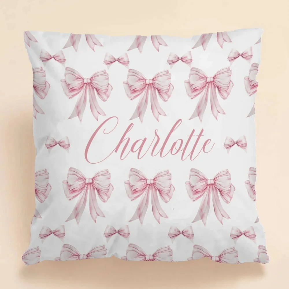 Personalized Name Pink Bow Throw Pillow Custom Square Cushion for Girls Bedroom Sofa Nursery Birthday Gift Home Decoration