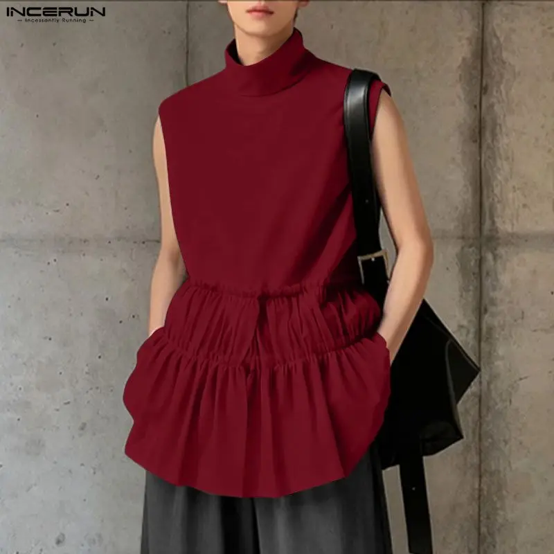 

INCERUN Men Tank Tops Turtleneck Sleeveless Ruffle Patchwork Male Vests Loose Streetwear Personality Fashion Casual Men Clothing