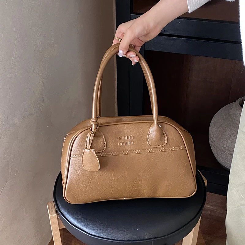 Women Retro Dome Satchel Bag Textured Faux Leather Top Handle Purse with Double Zipper and Adjustable Strap Daily Commuter Tote