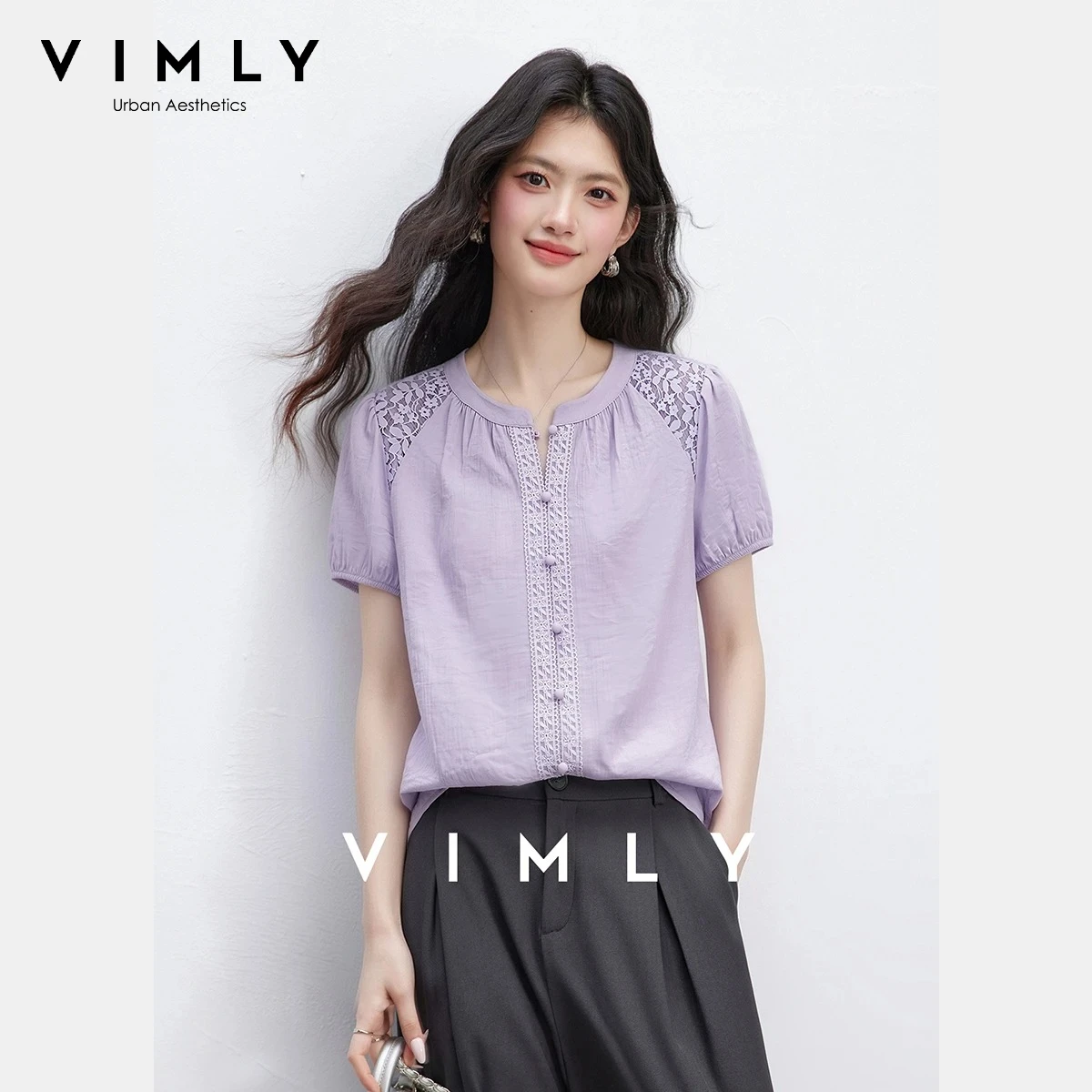 

VIMLY Women's Vacation Shirt 2026 Summer Light Purple Crew Neck Hollow Out Lace Patch Straight Puff Short Sleeve Blouse A6568