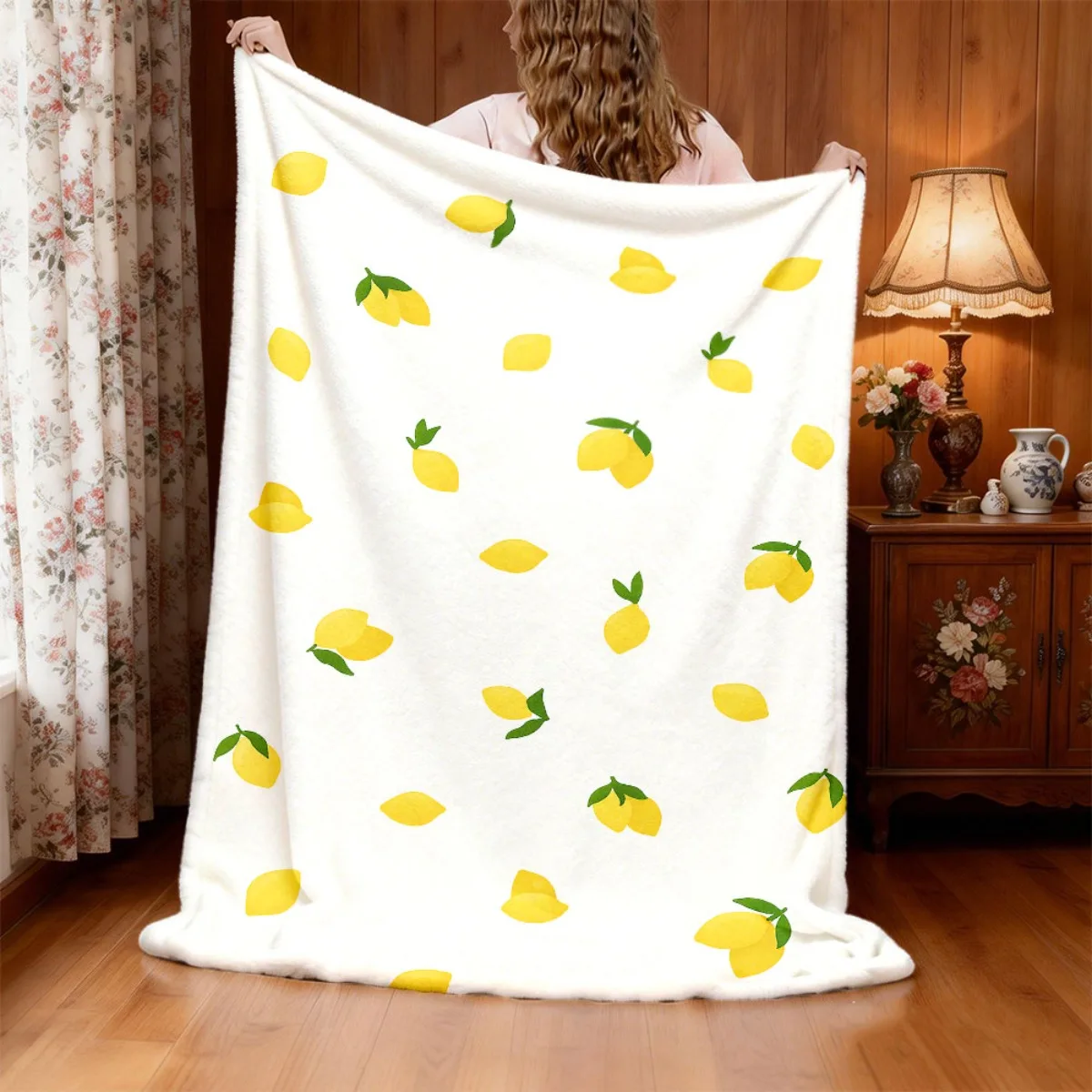French Style Lemon Pattern Double-Sided Flannel Blanket - Suitable for - Soft Lightweight Bedspread & Sofa Throw, Beige Bedsprea