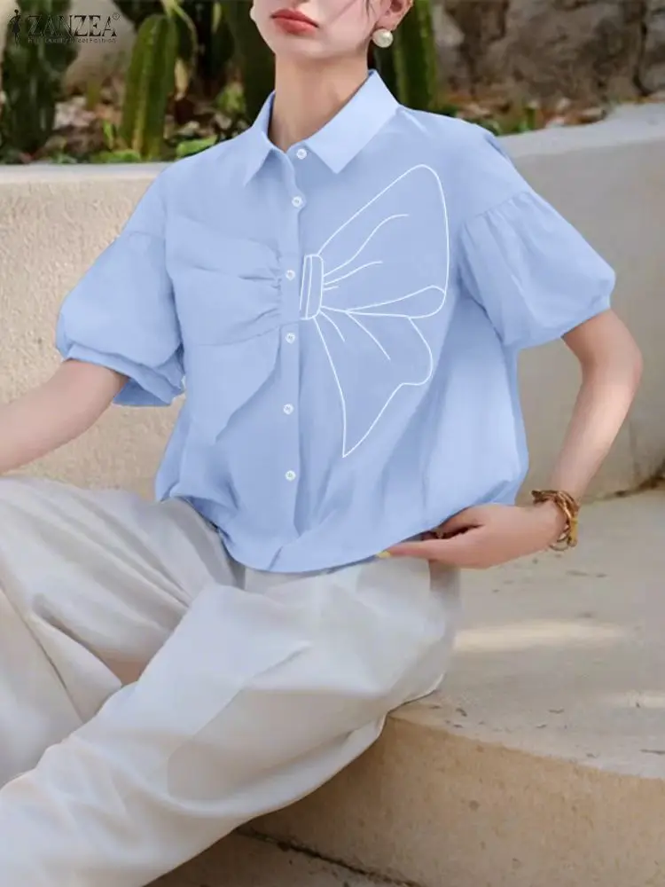 ZANZEA Dames Geborduurde Strikdetailoverhemden 2025, Zomer Casual Korte Lantaarnmouwen Turn-Down Kraag Button Up Shirt Streetwear